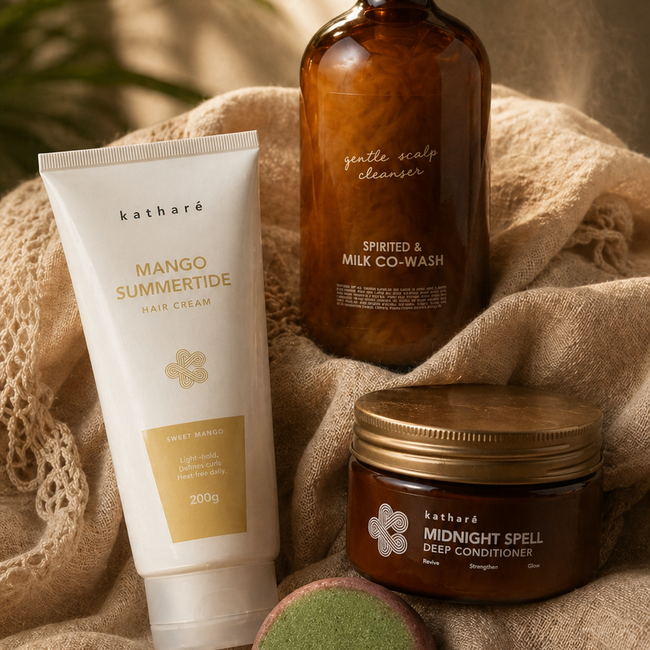 Skincare products including a bottle, tube, and jar on a textured surface with a plant in the background.